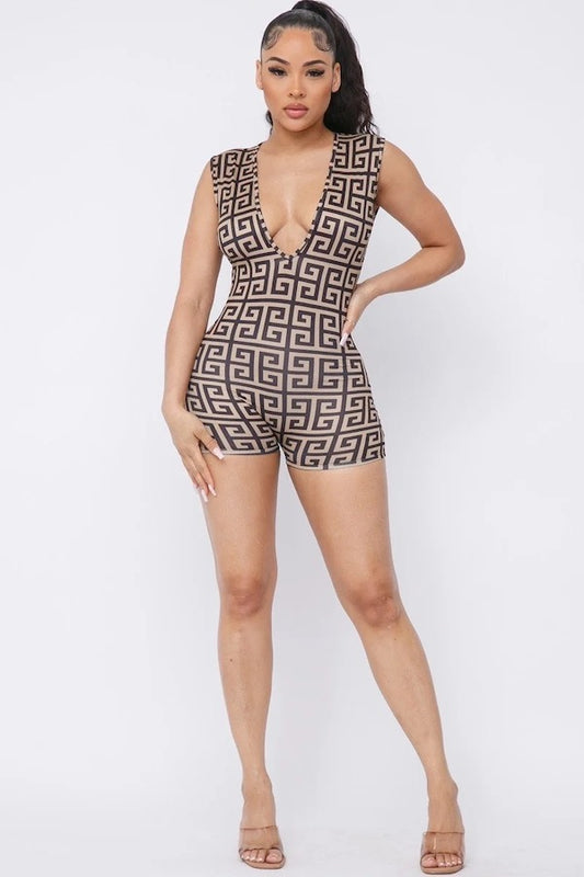 Greek Print Sleeveless Romper - Khaki