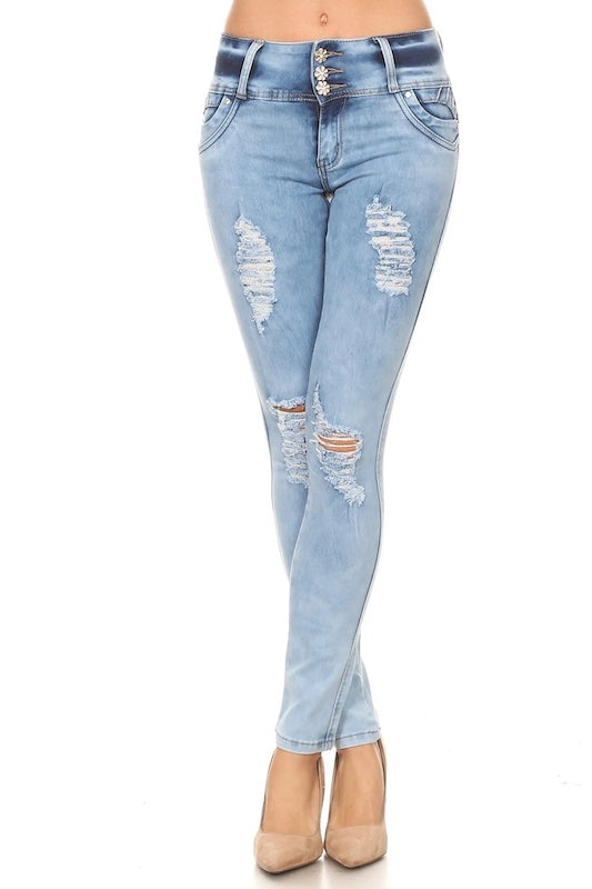 Ripped, Acid Washed, Low Rise, Skinny Jeans in Light Blue Color