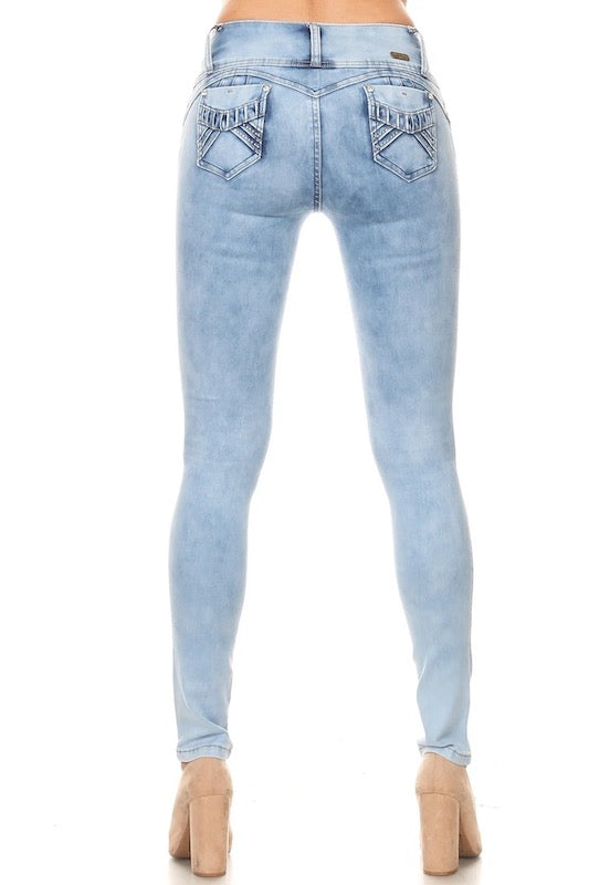Back of Ripped, Acid Washed, Low Rise, Skinny Jeans in Light Blue Color