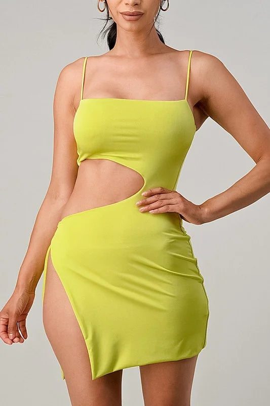 High Slit Cut Out Dress in Neon Green Color