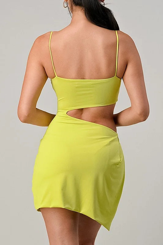 Back of High Slit Cut Out Dress in Neon Green Color