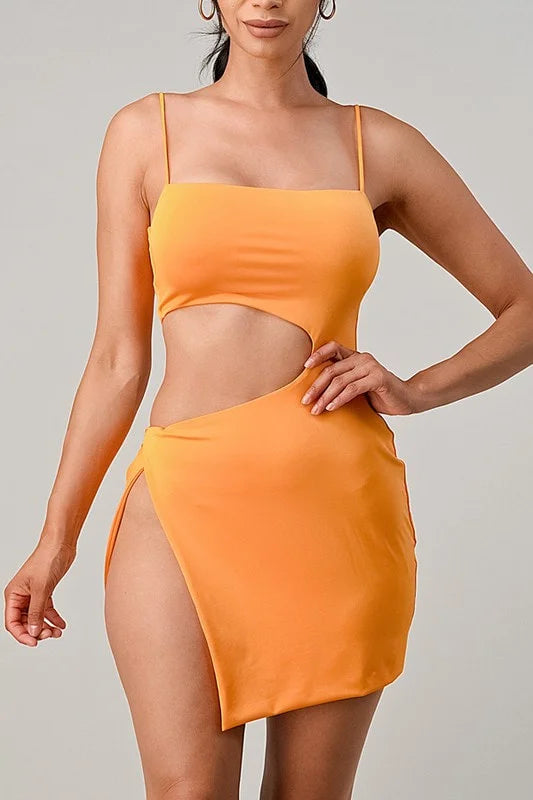 High Slit Cut Out Dress in Neon Orange Color 