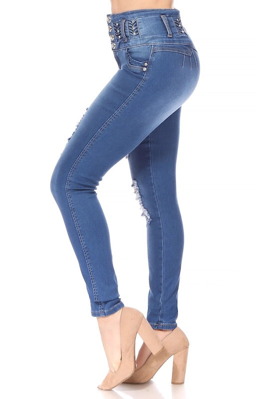 Side of Distressed Studded No Pocket Jeans
