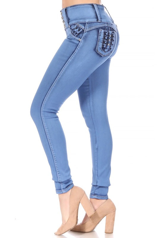 Side of Marbella Blue Studded Jeans in Blue Color