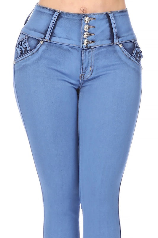 Close up of Marbella Blue Studded Jeans in Blue Color