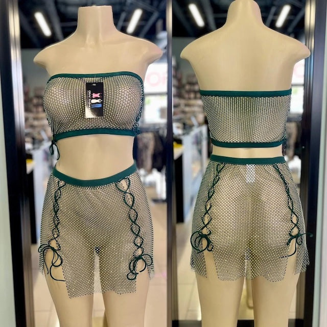 Rhinestone Tube Top and Lace Up Skirt Set in green