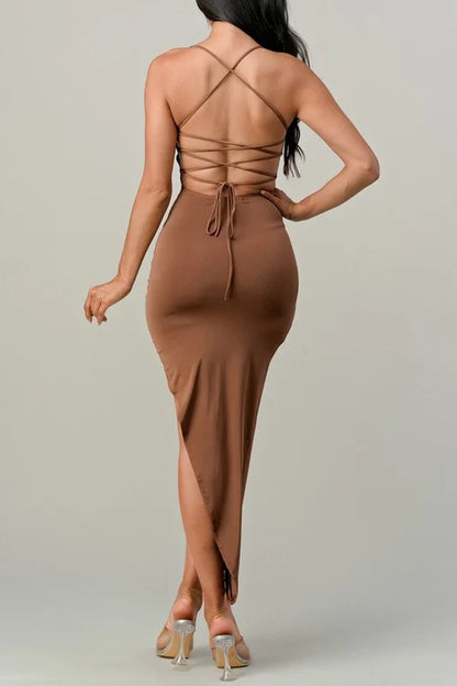 Asymmetrical Side Slit Dress W/ Crossed Back - Mocha
