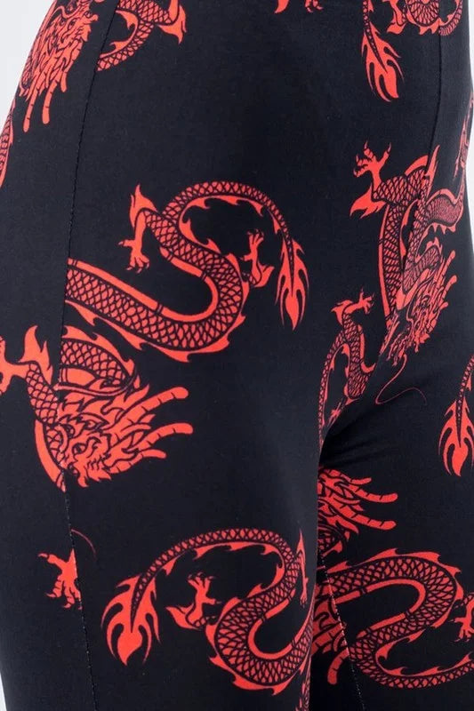 Fierce Dragon Leggings - Black/Red - Close Up