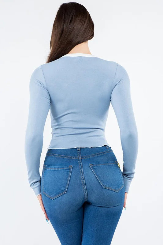 Daisy Long Sleeve Ribbed Top - Blue - Back View