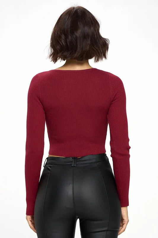 Cropped Long Sleeve Knit Top With Eyelet - Burgundy - Back View