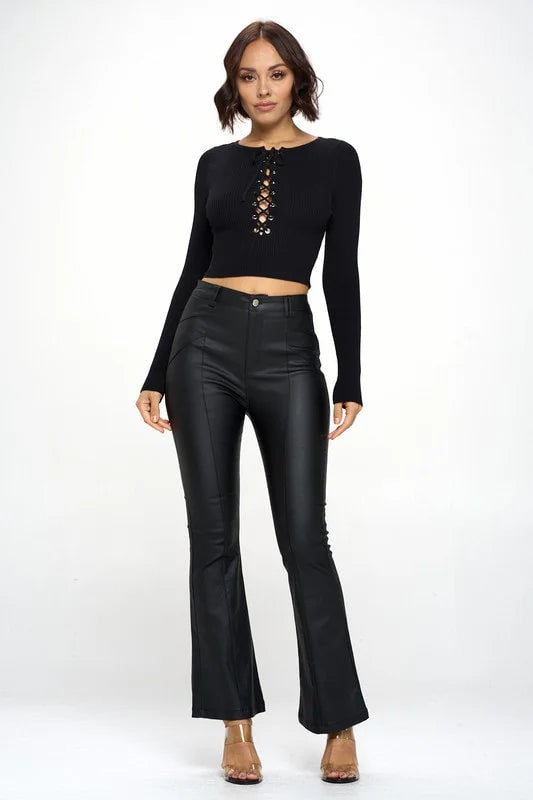 Cropped Long Sleeve Knit Top With Eyelet - Black