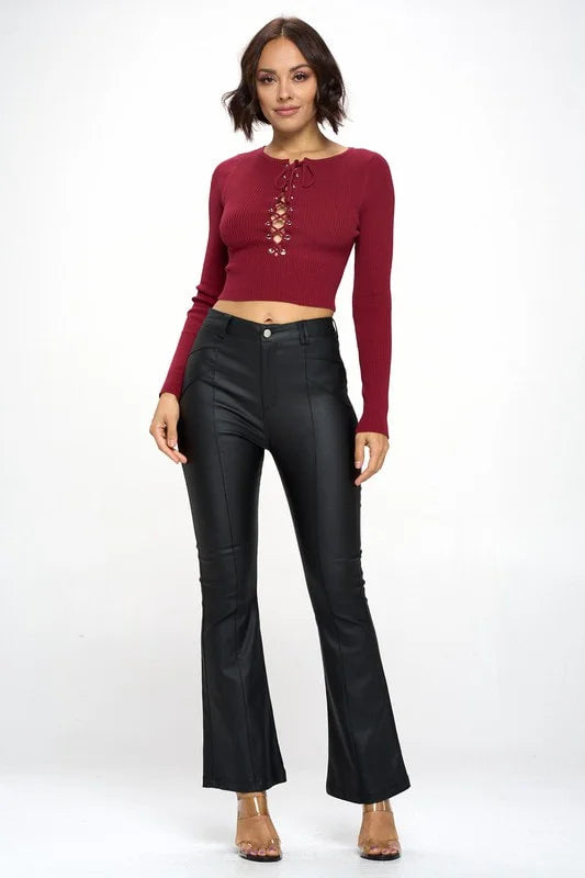 Cropped Long Sleeve Knit Top With Eyelet - Burgundy