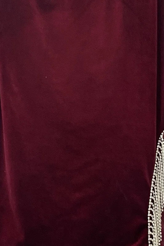 Velvet Mini Dress With Side Rhinestone Fringes - Burgundy - Close Up