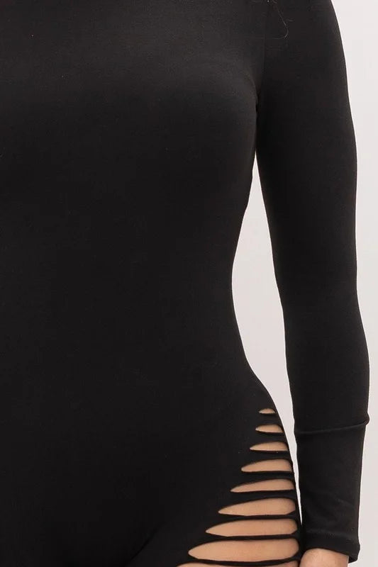 Mock Neck One Leg Laser Cut Long Sleeve Jumpsuit - Black - Close Up