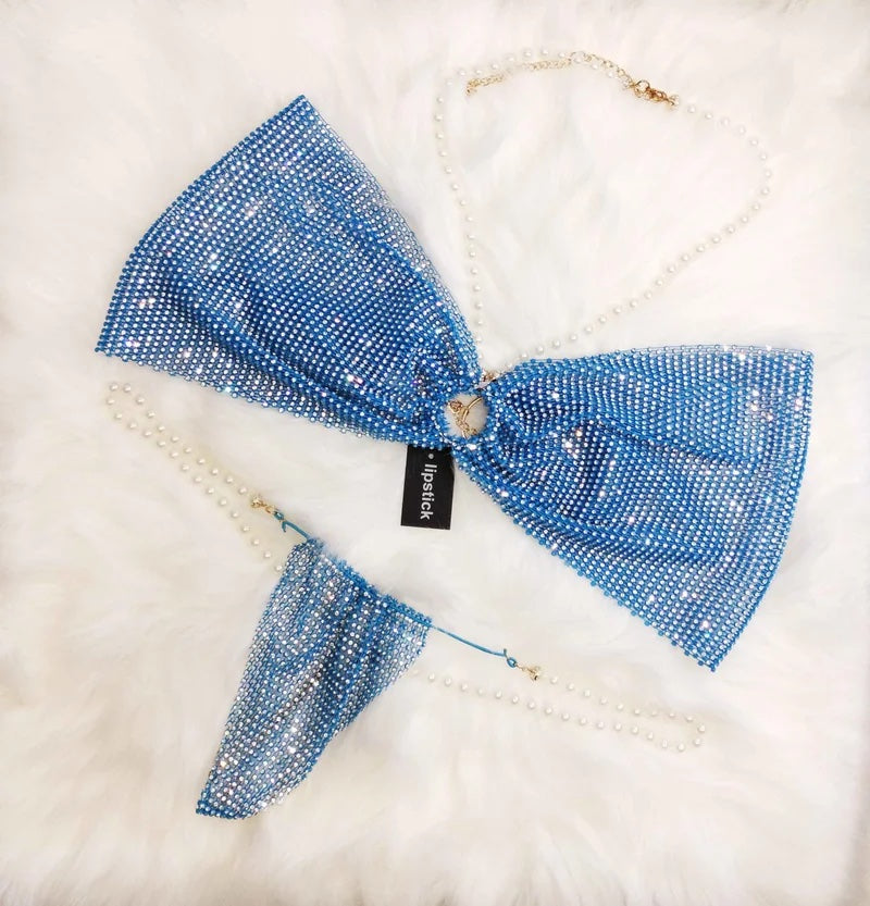 Pearl & Rhinestone Top And Thong Set in Blue color
