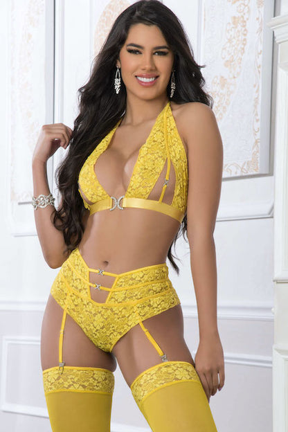 3pc High Waist Garter Laced Panty & Halter Top Set With Stockings in yellow color